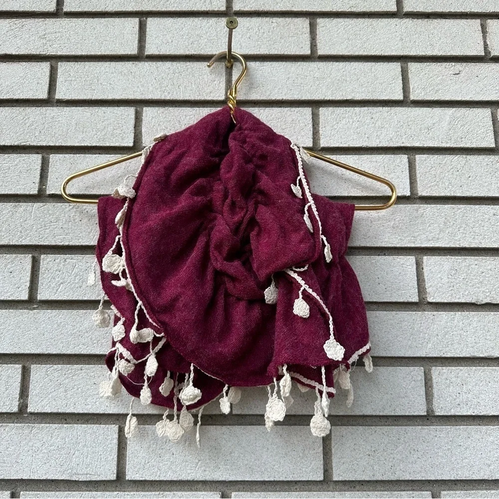 Raspberry Red Wool Feel Scarf Ivory Crochet Fringe Boho Cottagecore Wrap
